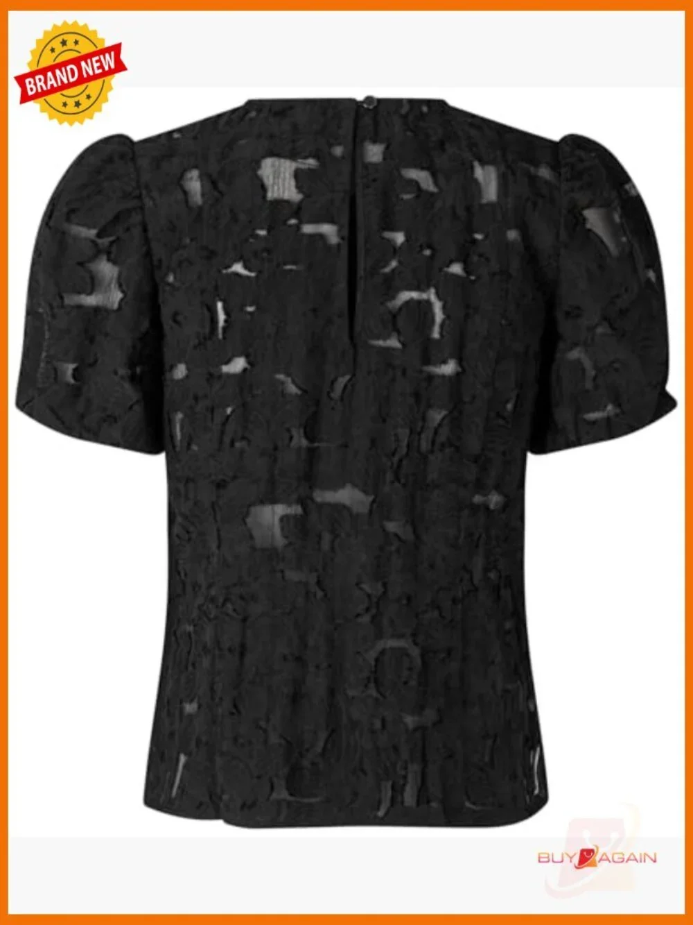 Short Sleeve Jacquard Blouse, Semi-Sheer Lace Pattern, Button Back Closure